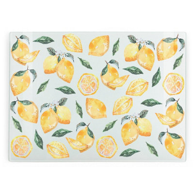 Purely Home Large Rectangular Watercolour Lemons Glass Chopping Board