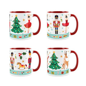 Purely Home Red Christmas Nutcracker Character Coffee Mug -  4x Red & White Ceramic Mugs