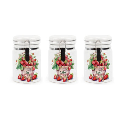 Purely Home Strawberry Tea Coffee & Sugar Ceramic Canister Set - Wicker ...