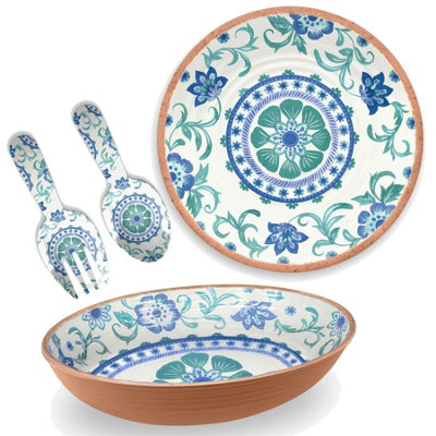 Purely Home Turquoise Floral 3 Piece Serving Platter, Bowl & Servers Set