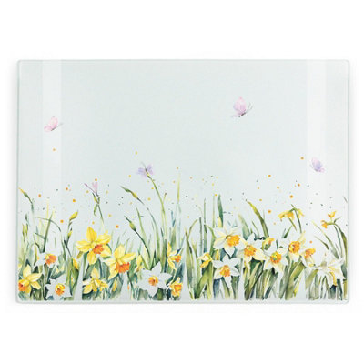 Purely Home Watercolour Spring Daffodils Rectangular Glass Worktop Protector - Kitchen Chopping Board