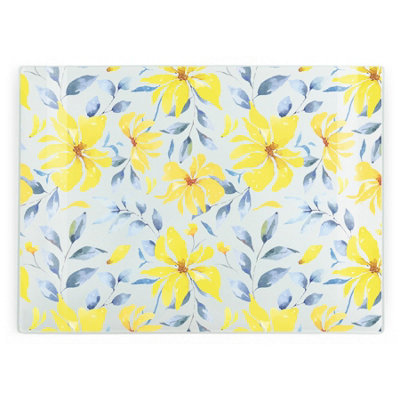 Purely Home Yellow & Blue Flowers Glass Worktop Protector - Large Chopping/Cutting Board Gift