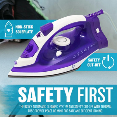 Purple 2600W Corded Non Stick Steam Iron With Ceramic Sole Plate Laundry