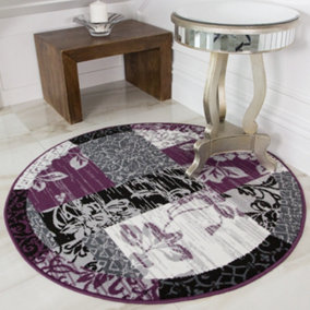 Purple Black Grey Floral Patchwork Living Room Round Circular Mat 120x120cm