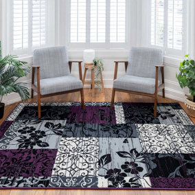 Purple Black Grey Floral Patchwork Living Room Rug 120x170cm