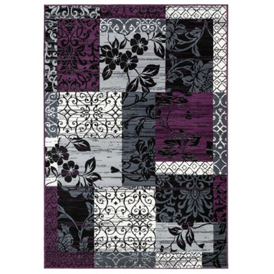 Purple Black Grey Floral Patchwork Living Room Rug 80x150cm