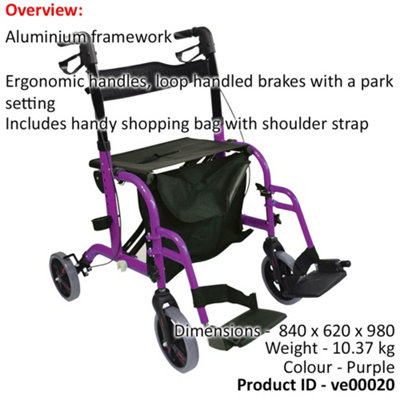 Purple Deluxe Aluminium Rollator and Transit Chair 2-in-1 Dual Function Walker