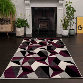 Purple Grey Diamond Geometric Living Room Rug 60x110cm