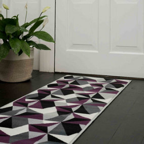 Purple Grey Diamond Geometric Living Room Runner Rug 60x240cm