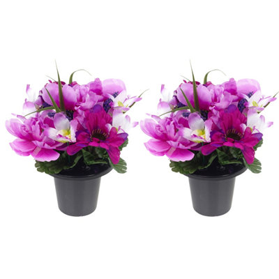 Purple Peony & Foxtail Set of 2 Artificial Silk Flower Grave Pot ...