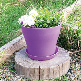 Purple Plastic Plant Pot - Weatherproof Colourful Home or Garden Planter with Drainage Holes & Saucer - H10.5 x 9cm Diameter
