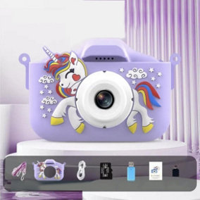 Purple with 32G Memory Card Mini Children HD Digital Toy Unicorn Camera