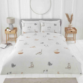 Purrrfect Reversible Duvet Cover Set Cats and Stripes Bedding Natural