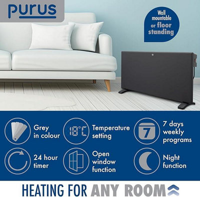 Purus Electric Panel Heater 1800W Eco Radiator Grey Wall Mounted & Freestanding Thermostat Control & Setback Timer Lot 20