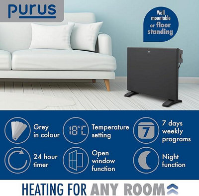 Purus Electric Panel Heater 600W Eco Radiator Grey Wall Mounted & Freestanding Thermostat Control & Setback Timer Lot 20