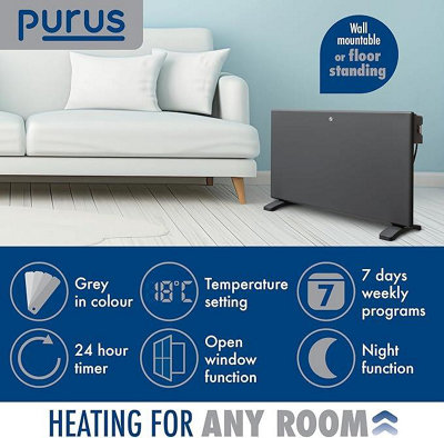Purus Electric Radiator Panel Heater 1200W Eco Grey Wall Mounted & Freestanding Thermostat & Timer Lot 20