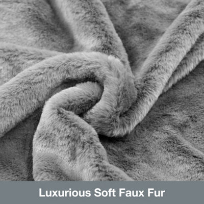 Purus Grey Heated Throw Electric Over Blanket Faux Fur Luxurious 160 x 130cm Soft Fleece Blanket