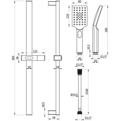 Push Button Shower Kit, Chrome 3 Mode Handset, 800mm Slider Rail, 1.5m ...