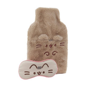 Pusheen Womens/Ladies Hot Water Bottle And Eye Mask Set (Pack of 2) Brown/Grey/Pink (One Size)