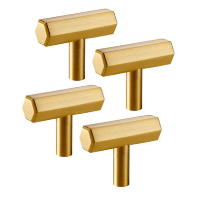 Pushka Home Set of 4 Solid Brass Hexagon T Bar Handle - Gold