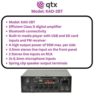 QTX KAD-2BT 55w Digital Stereo Amplifier Bluetooth Tuner USB SD Aux IN Mic Input | UK