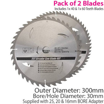 QTY 2 300mm x 30mm TCT Circular Saw Blades 40T 60T 25mm 20mm 16mm Rings