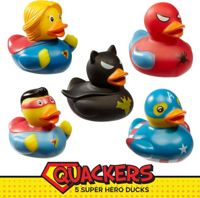Quackers Set of 5 Super Hero Rubber Bath Ducks for Kids - Fun Bath Toys for Toddlers - Safe and Colourful Bathtub Play Set