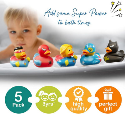 Quackers Set of 5 Super Hero Rubber Bath Ducks for Kids - Fun Bath Toys for Toddlers - Safe and Colourful Bathtub Play Set