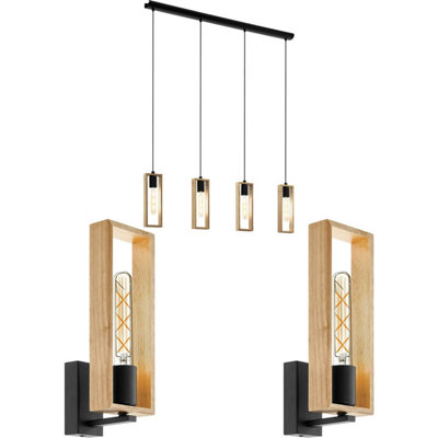 Quad Ceiling & 2x Matching Wall Lights Black & Wood Box Modern Dining Table