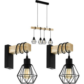 Quad Ceiling Light & 2x Matching Wall Lights Black Cage & Wood Trendy Bar Lamp