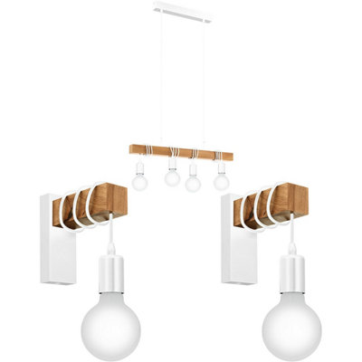 Quad Ceiling Light & 2x Matching Wall Lights White & Wood Hanging Trendy Lamp