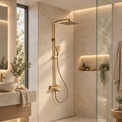 Quadra Brushed Gold Exposed Thermostatic Bath Shower Mixer with Riser ...