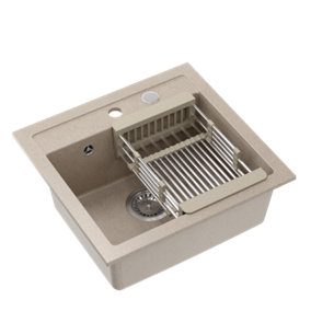 Quadron Johnny 110 kitchen sink with draining basket, 500mm to fit 50cm cabinet, inset River Sand colour GraniteQ material