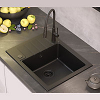 Quadron Peter 116 Pure Black GraniteQ Kitchen Sink with Small Drainer to fit 50cm Cabinet