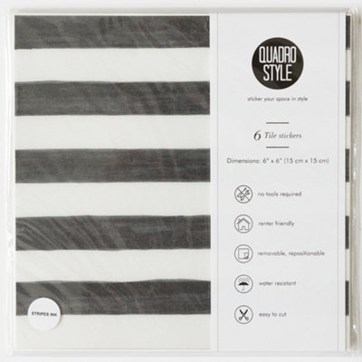 Quadrostyle Stripes Ink Black Wall Tile and Furniture Vinyl Stickers 15cm(L) 15cm(W) pack of 6