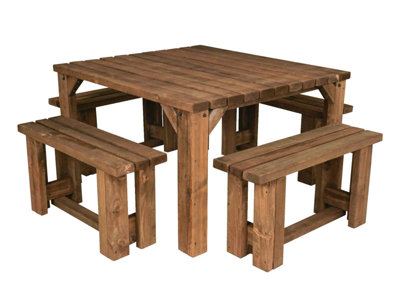 QUADRUM Picnic Table With 4 Benches (Rustic brown finish)