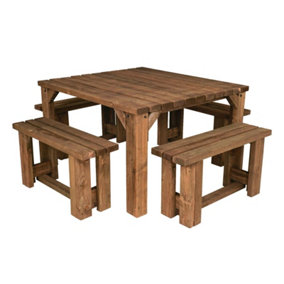 QUADRUM Picnic Table With 4 Benches (Rustic brown finish)