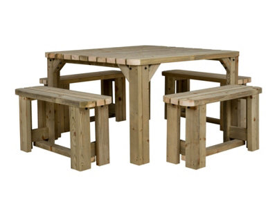 QUADRUM Rounded Picnic Table With 4 Benches (Natural finish)