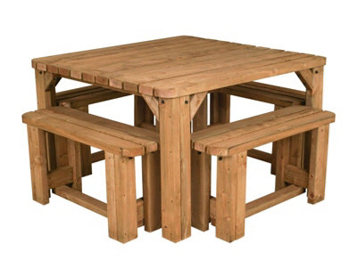 QUADRUM Rounded Picnic Table With 4 Benches (Rustic brown finish)