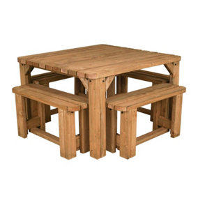 QUADRUM Rounded Picnic Table With 4 Benches (Rustic brown finish)