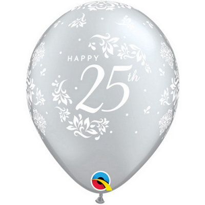 Qualatex 25th Anniversary Damask Latex Balloons (Pack of 6) Silver (One Size)