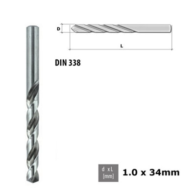 Quality Drill Bit For Metal - Fully Ground HSS DIN 338 Silver - Diameter 1.0mm - Length 34mm