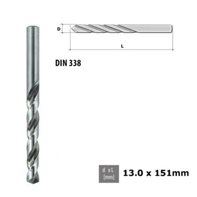 Quality Drill Bit For Metal - Fully Ground HSS DIN 338 Silver - Diameter 13.0mm - Length 151mm