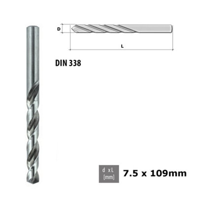Quality Drill Bit For Metal - Fully Ground HSS DIN 338 Silver - Diameter 7.5mm - Length 109mm