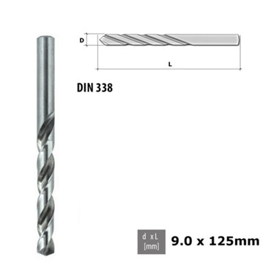 Quality Drill Bit For Metal - Fully Ground HSS DIN 338 Silver - Diameter 9.0mm - Length 125mm