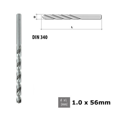 Quality Drill Bit For Metal - Fully Ground Polished HSS DIN 340 Silver - Diameter 1.0mm - Length 56mm