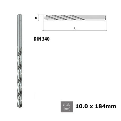 Quality Drill Bit For Metal - Fully Ground Polished HSS DIN 340 Silver - Diameter 10.0mm - Length 184mm