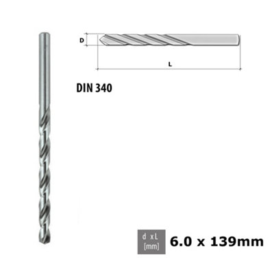 Quality Drill Bit For Metal - Fully Ground Polished HSS DIN 340 Silver - Diameter 6.0mm - Length 139mm