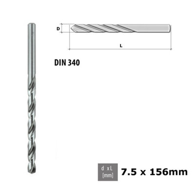 Quality Drill Bit For Metal - Fully Ground Polished HSS DIN 340 Silver - Diameter 7.5mm - Length 156mm