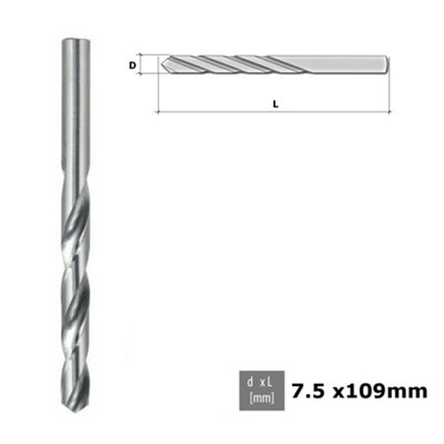 Quality Drill Bit For Metal HSS DIN 338 Silver - Diameter 7.5mm - Length 109mm